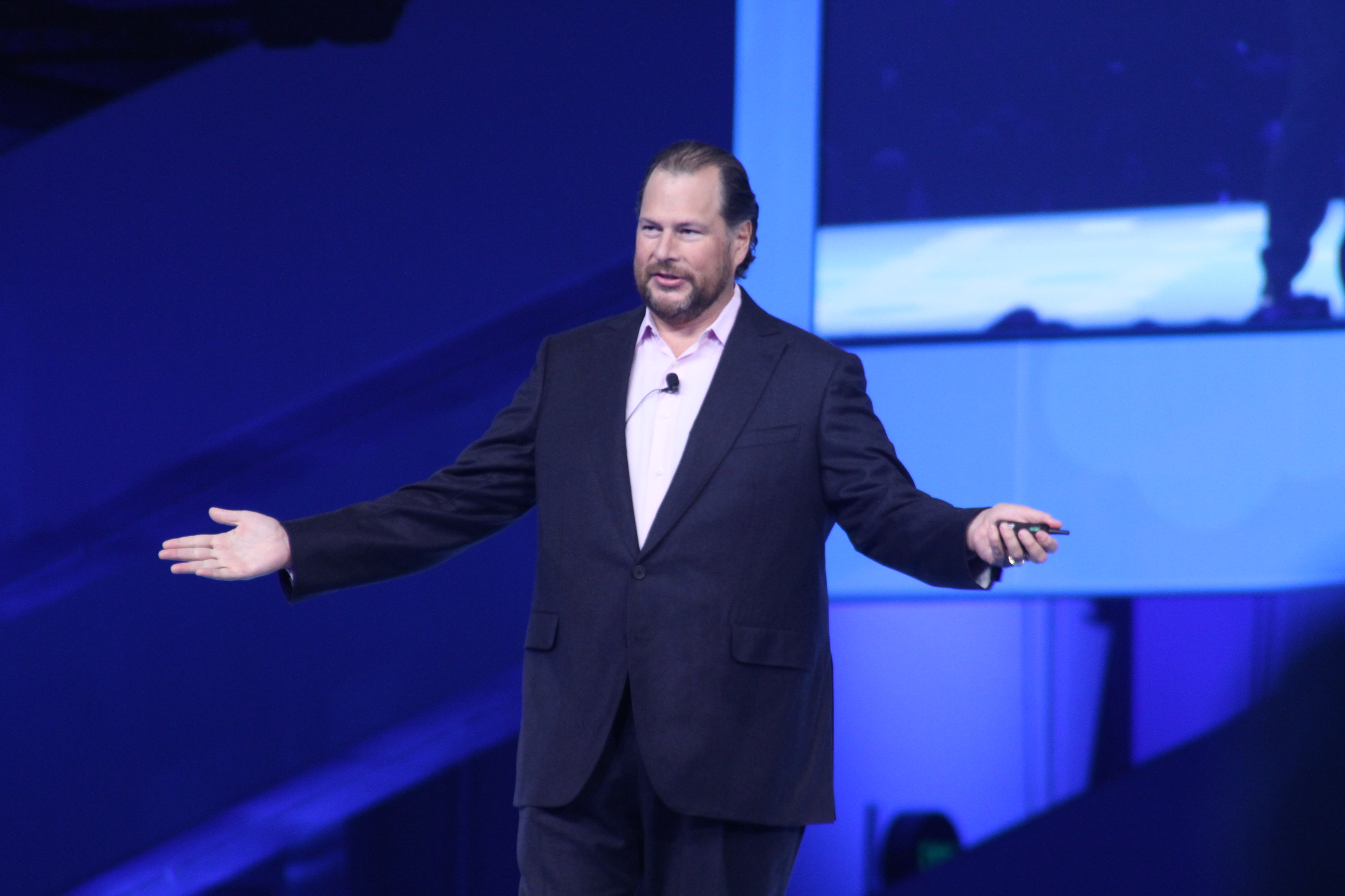 Salesforce CEO Marc Benioff delivering his keynote address at the Dreamforce conference on September 16, 2015 in San Francisco, CA.