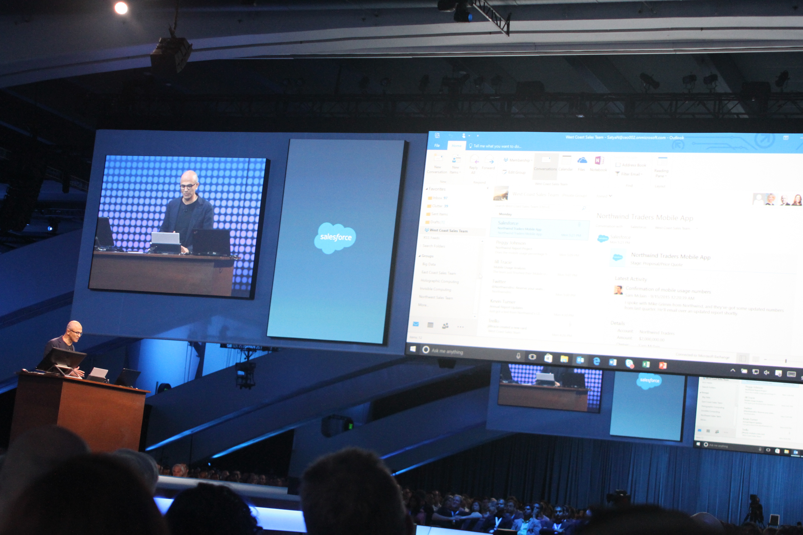 Microsoft chief executive Satya Nadella speaks at Salesforce's 2015 Dreamforce conference in San Francisco on Sept. 16.