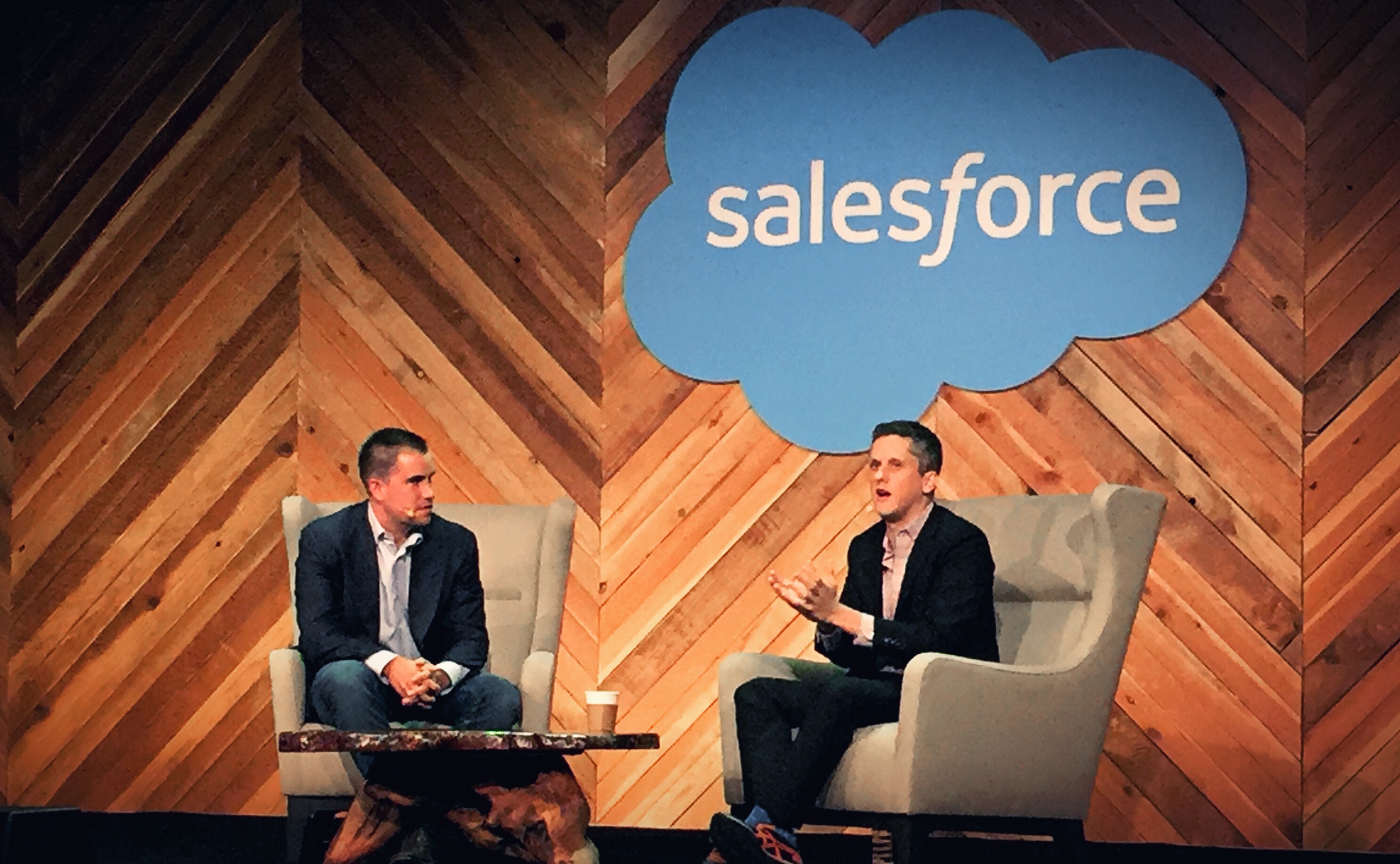 Box CEO Aaron Levie and Salesforce IQ Steve Loughlin at Dreamforce 2015. Levie participated in the inaugural keynote session for Startup Summit.