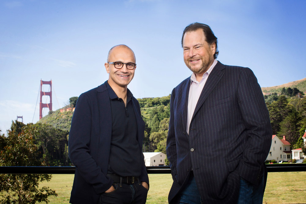 Microsoft chief executive Satya Nadella, left, and Salesforce chief executive Marc Benioff.