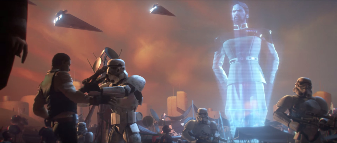 Governor Adelhard addresses some of Anoat's citizens in Star Wars: Uprising. 