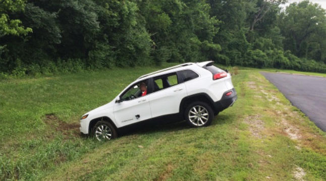 Hacked Jeep Cherokee ends up in a ditch after the brakes were remotely disabled. Photo by Andy Greenberg of Wired