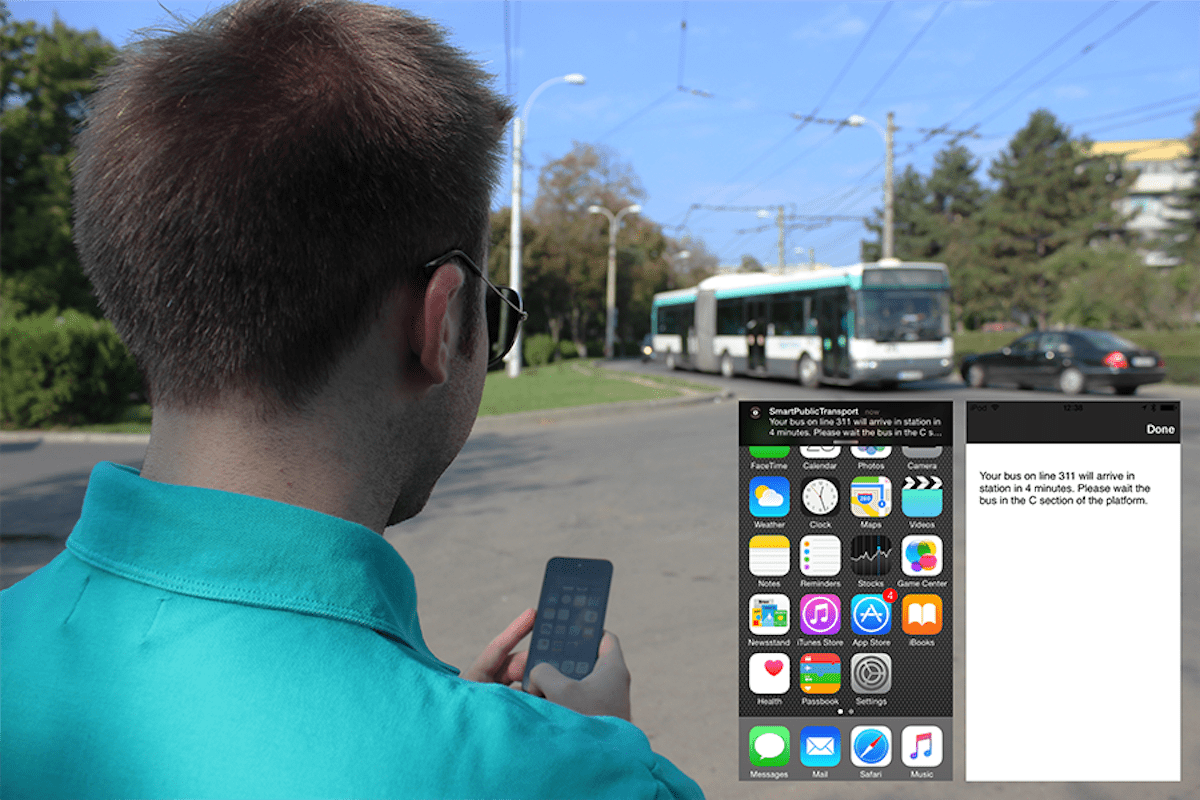 A passenger uses Onyx's Smart Public Transport beacon-enabled app