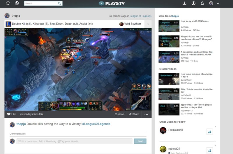 Plays.tv highlight reel, after posting. From here, users can one-click share to Reddit, Facebook, Youtube, and/or Twitter.