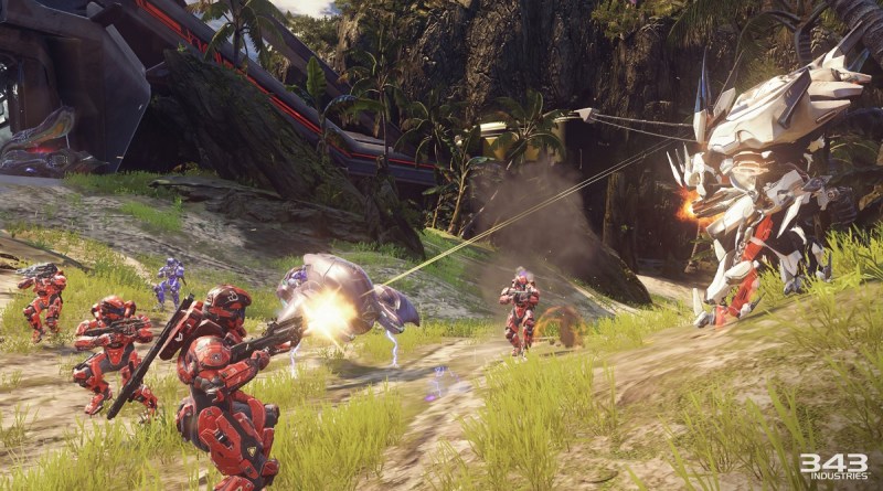 A big firefight in Warzone map on Halo 5: Guardians multiplayer.