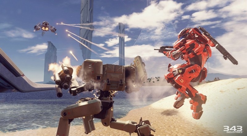 Combat on a Warzone map in Halo 5: Guardians multiplayer.