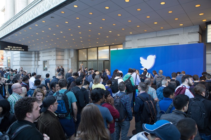 Developers line up in front of the Bill Graham Civic Auditorium in San Francisco, Calif for Twitter's Flight conference on OCtober 21, 2015.