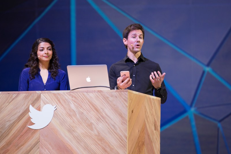 Twitter developer advocates Bear Douglas and Romain Huet demo on stage at the Flight conference on October 21, 2015 at the Bill Graham Civic Auditorium in San Francisco, Calif.