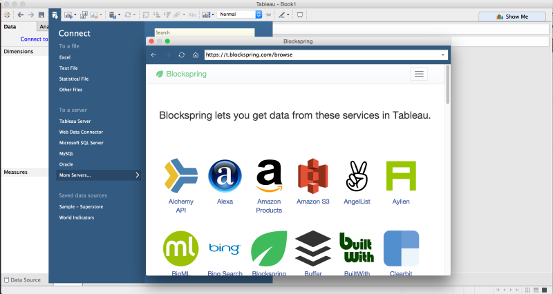 View of Blockspring with API's available in Tableau