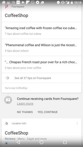 A Foursquare recommendation and a Google recommendation for a San Francisco coffee shop in Google Now.