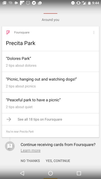 A Foursquare recommendation for a park in San Francisco in Google Now.