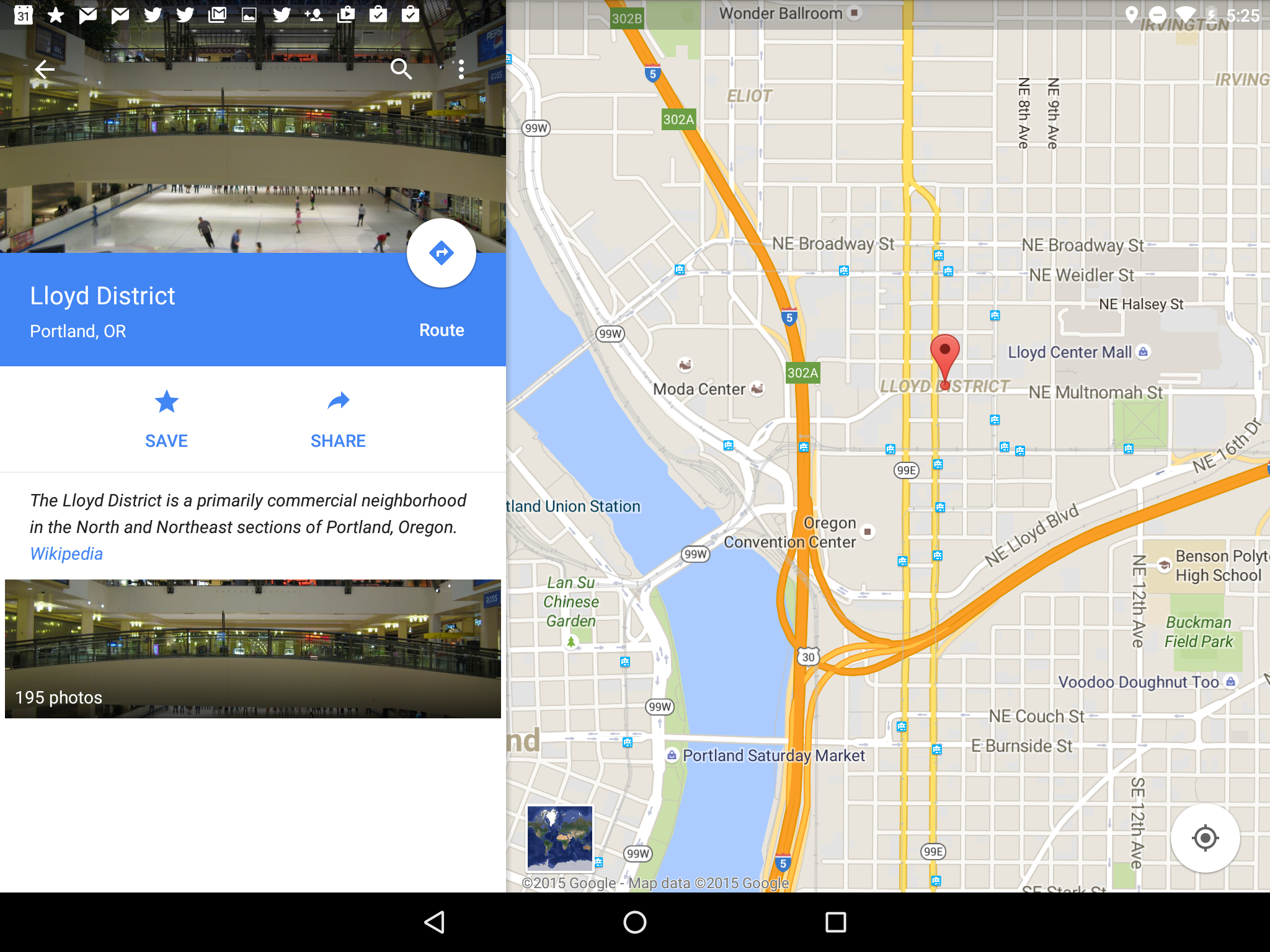 What Google Maps shows me when I click the Maps icon for the Lloyd District in Portland in Google Now on Tap.