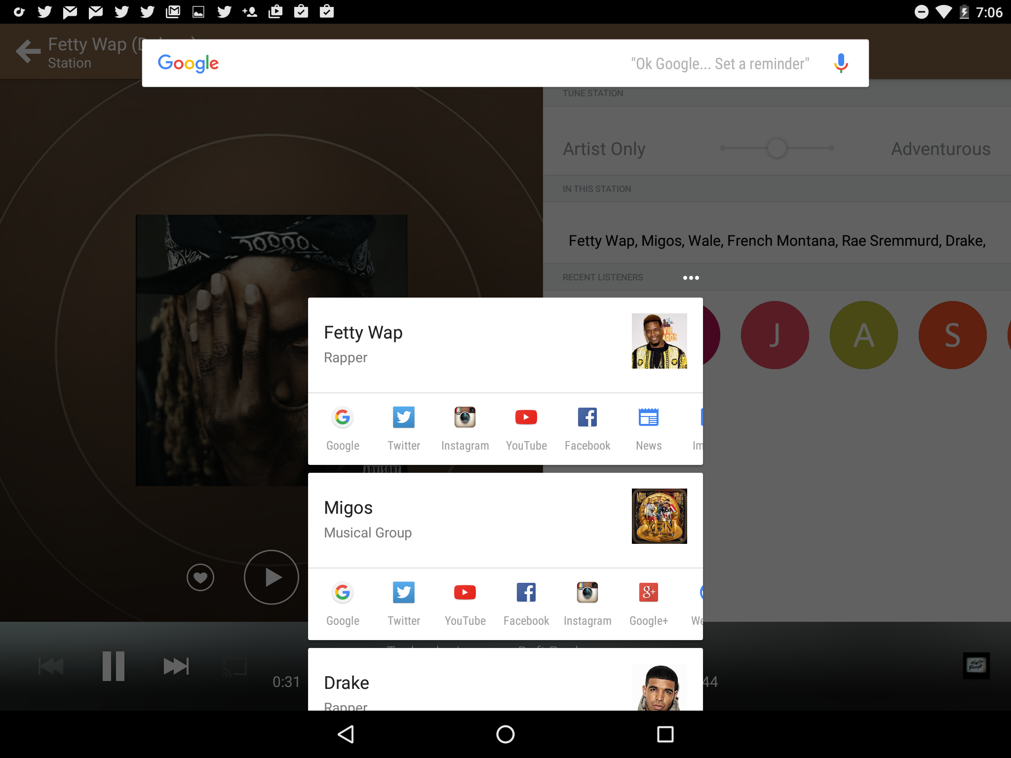 Google Now on Tap results from Rdio.