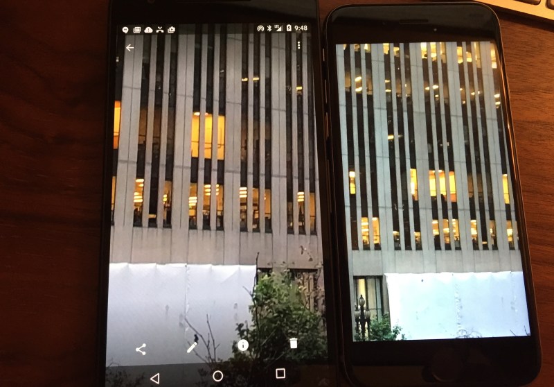 Comparing resolution of zoomed photos from the Nexus 6P on the left, and the iPhone 6s on the right.