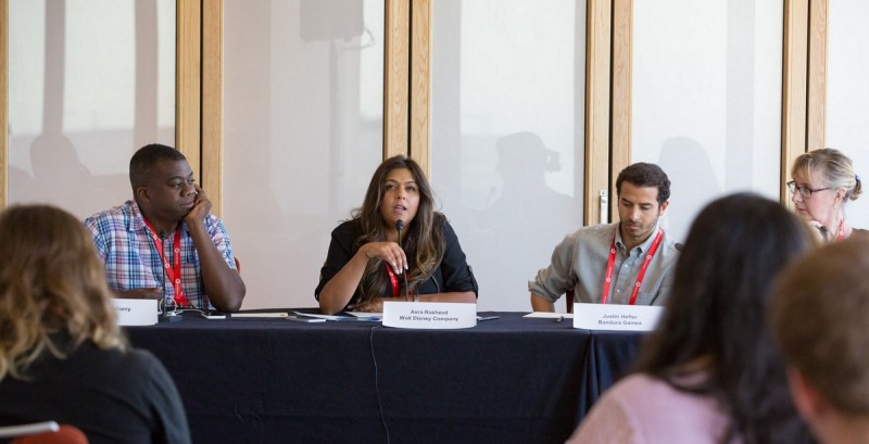 Gordon Bellamy, Asra Rasheed, and Justin Hefter at GamesBeat 2015's diversity panel.
