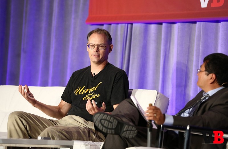 Tim Sweeney, the CEO of Epic Games, on stage at GamesBeat 2015 with Dean Takahashi.