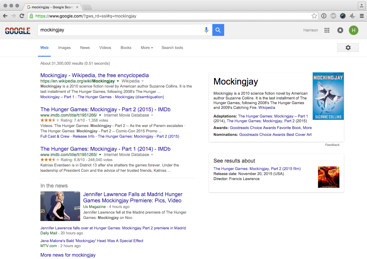 A Google search for Mockingjay in Chrome.