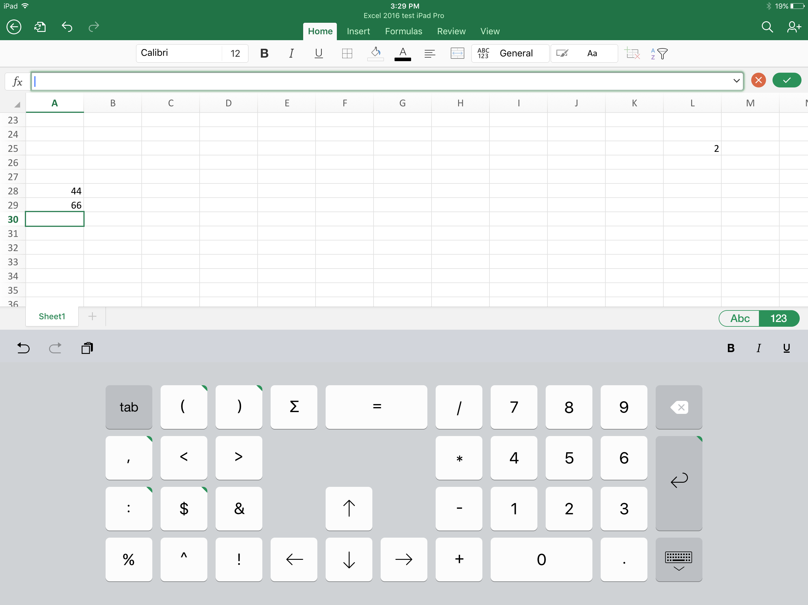 The numerical virtual keyboard in Excel on iPad Pro.