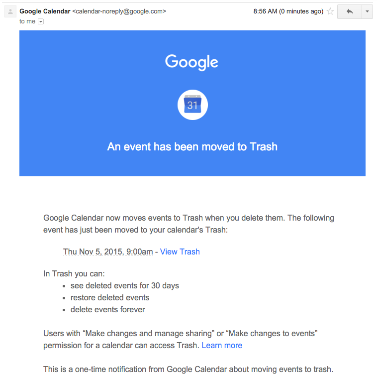 An email from Google Calendar about a deleted calendar event.