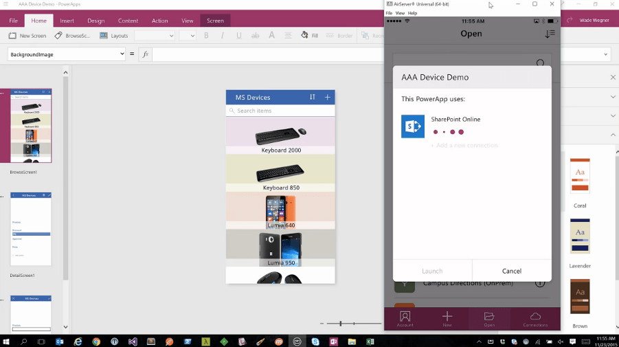 An iOS emulator running while an app is being made with Microsoft PowerApps.