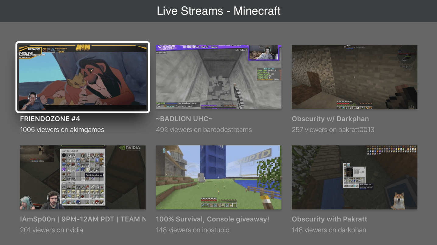 Minecraft streams available on Twitch for Apple TV, as shown in Xcode's Apple TV simulator.