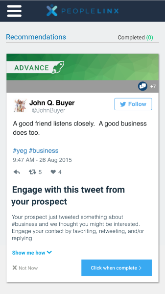 Engage with prospects on Twitter within the PeopleLinx platform, on mobile, or email