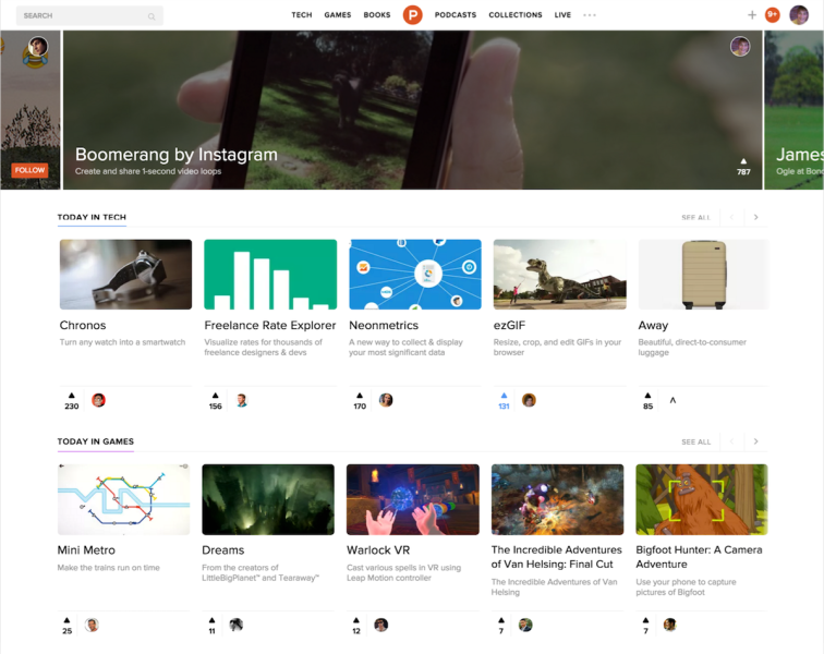 Product Hunt 2.0 homepage screenshot (part 1)