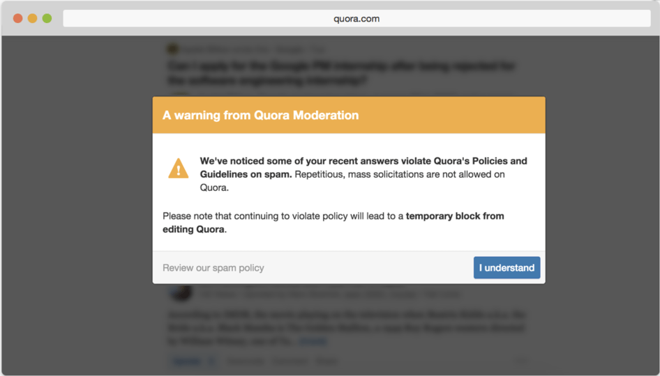 Quora warning bad actors about violating its user policy