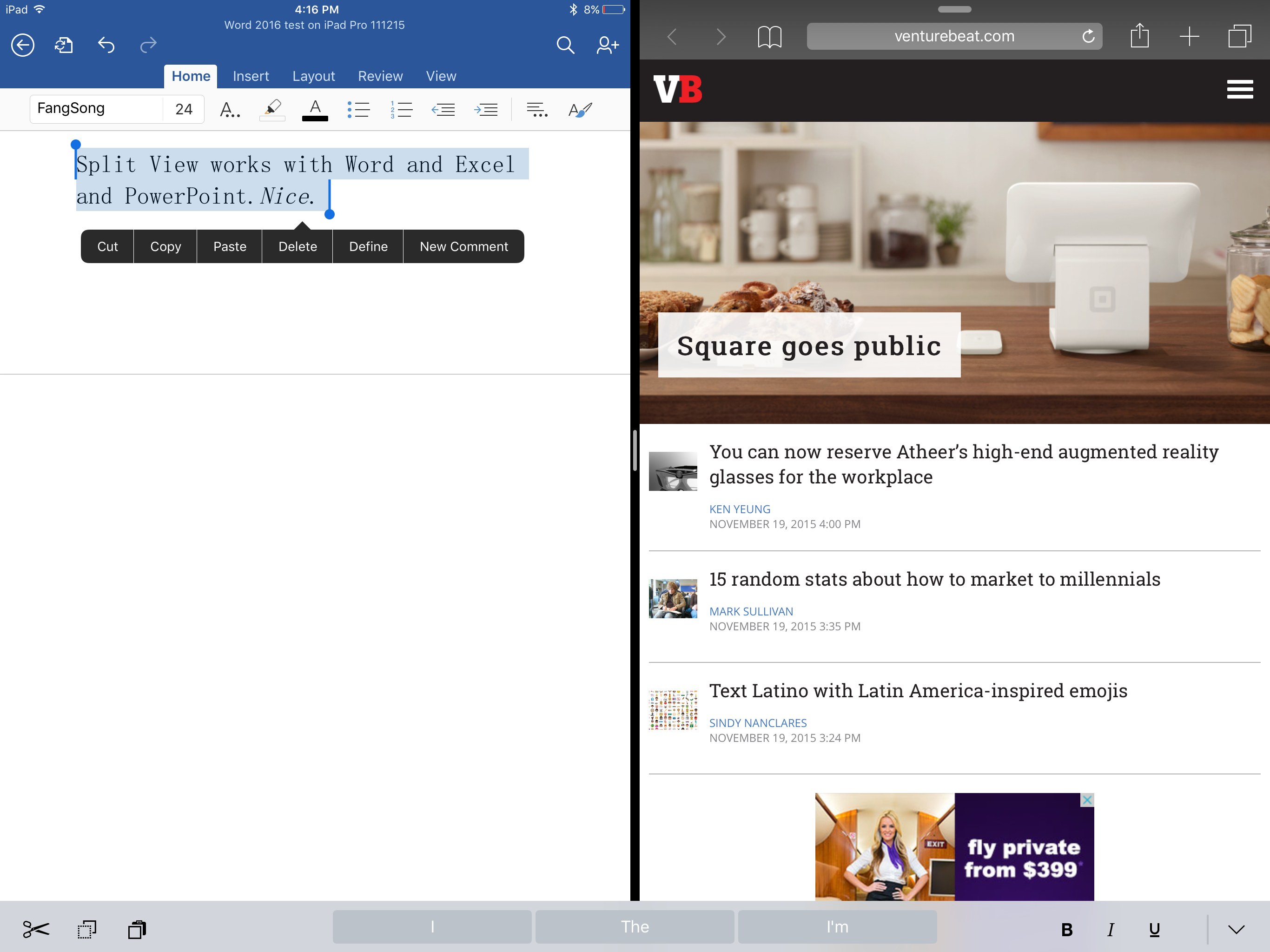 Word has support for the Split View feature on the iPad Pro.