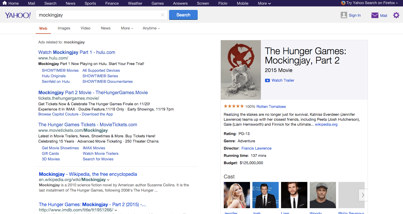 A Yahoo search for Mockingjay in Chrome.