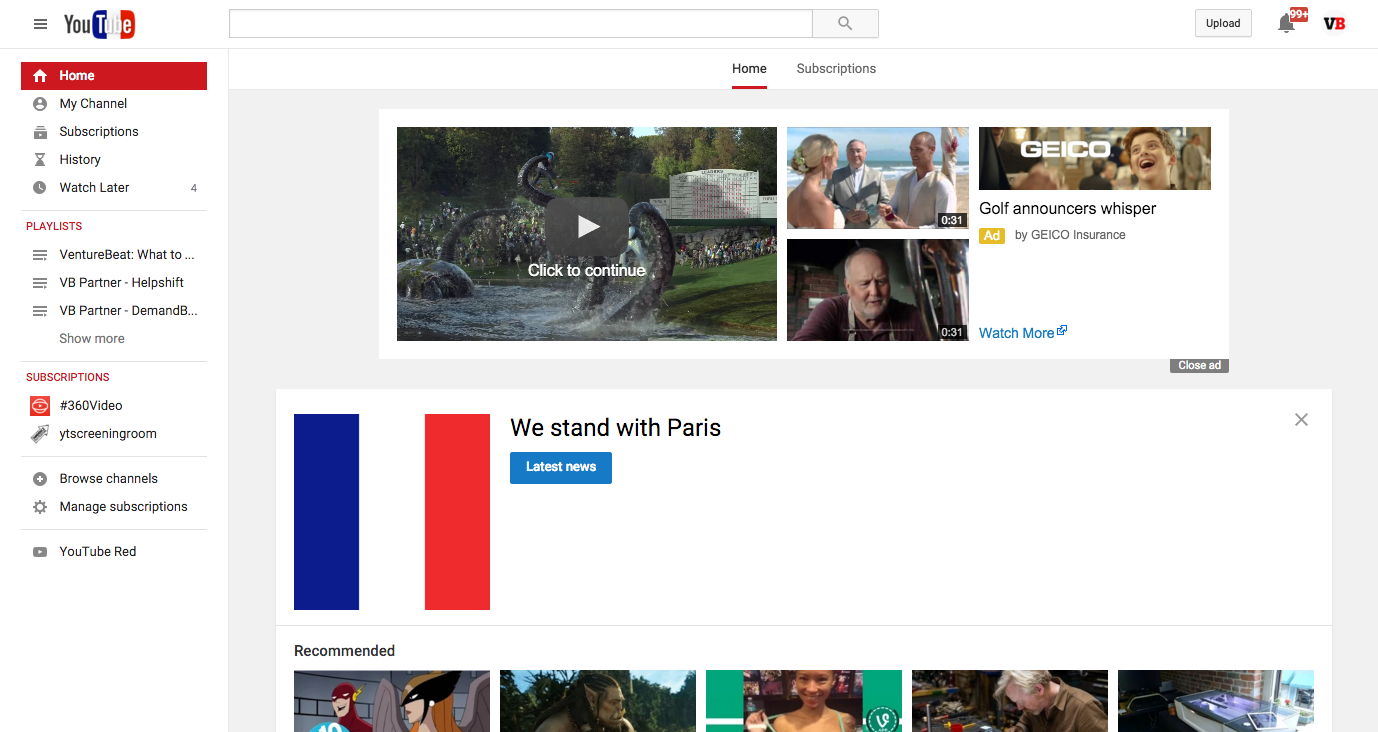 YouTube's homepage.