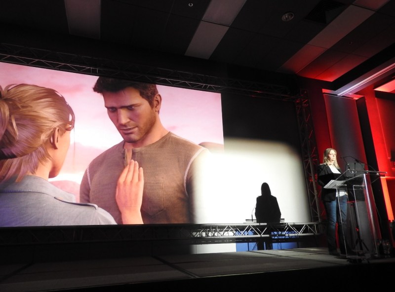 The closing moment of Amy Hennig's talk at MIGS 15.