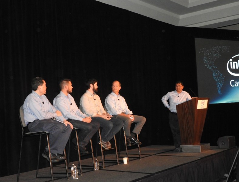 AR VR panelists (from left) Ronald Azuma of Intel, Dan Eisenhardt of Recon Instruments, Ray Davis of Epic Games, and Andrew Beall of World Viz.