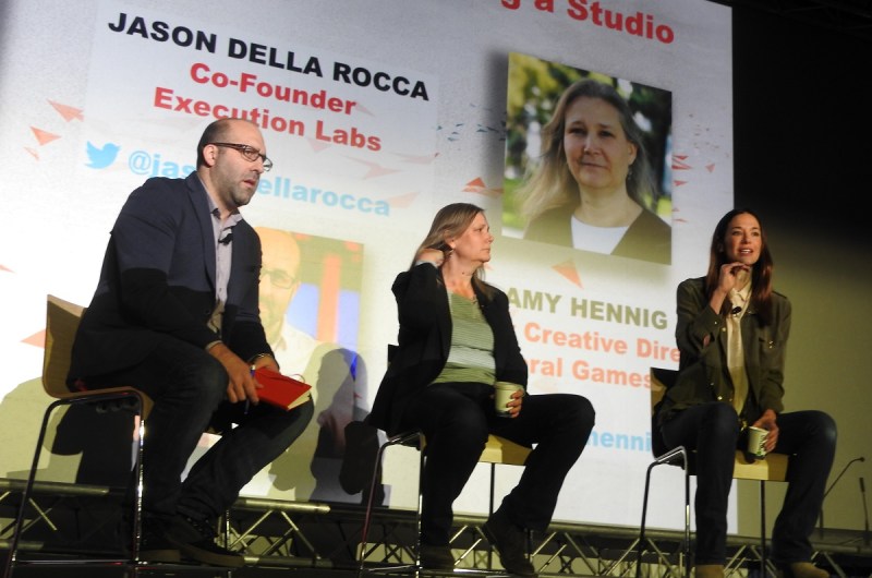 Jason Della Rocca interviews EA's Amy Hennig (center) and Jade Raymond.