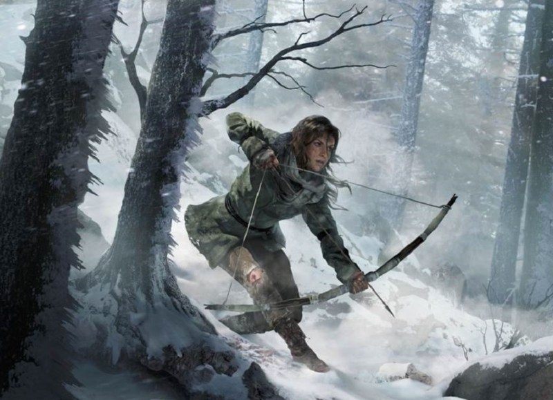 Lara Croft, hunting in a frozen forest, in Rise of the Tomb Raider.