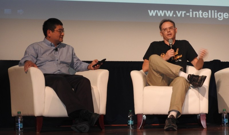 Dean Takahashi of GamesBeat (left) and Tim Sweeney of Epic Games at VRX.