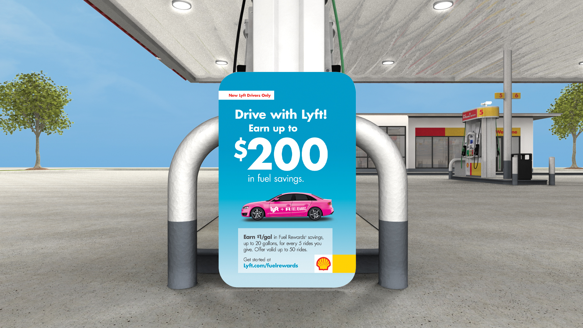 Photo of a Lyft advertisement displayed at Shell gas stations.