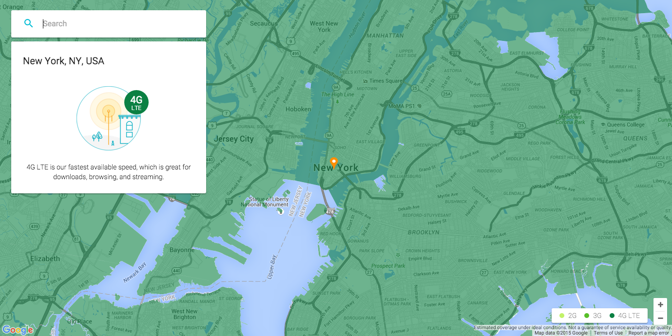 Google Project Fi coverage in the New York metro area with its primary SIM cards.