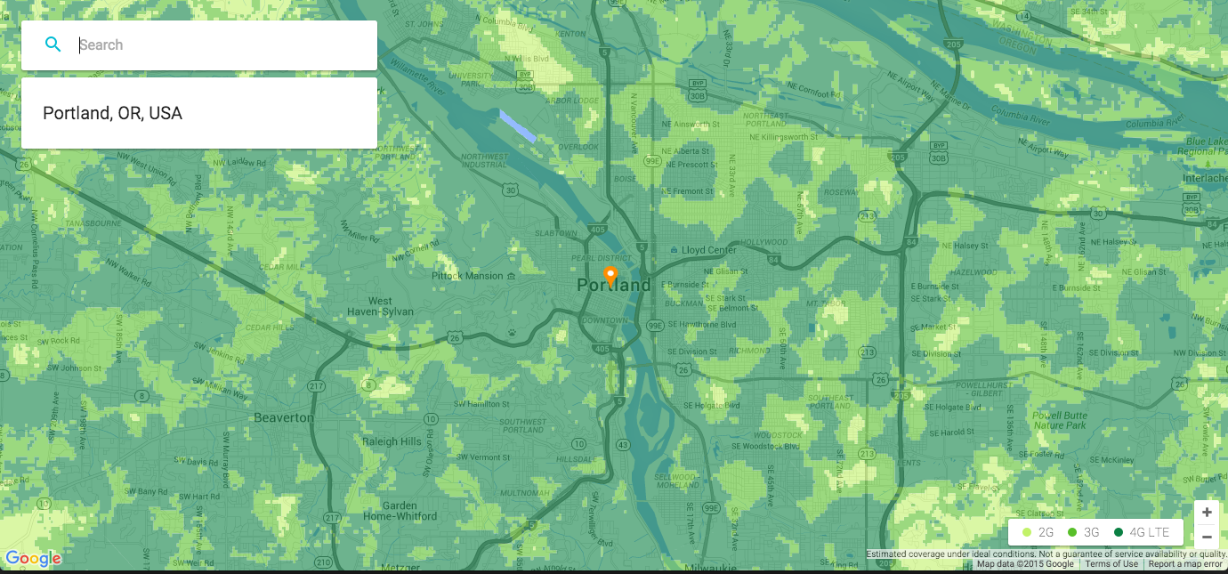 Google Project Fi's data only SIM card coverage in Portland. 