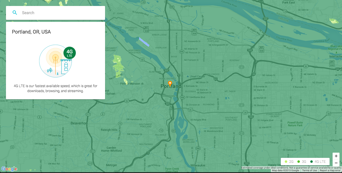Google Project Fi's regular coverage in the Portland area.