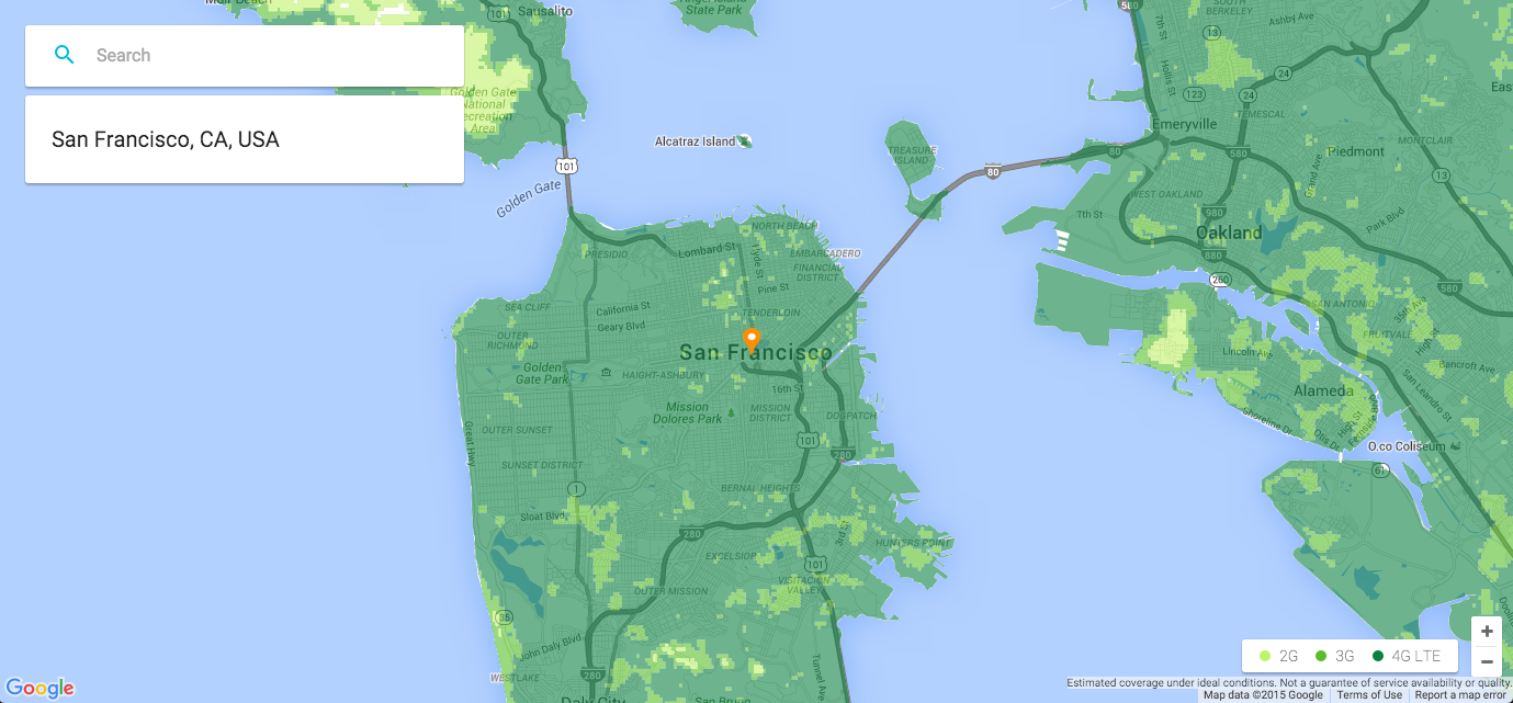 Google Project Fi coverage in the San Francisco area with a data-only SIM card.