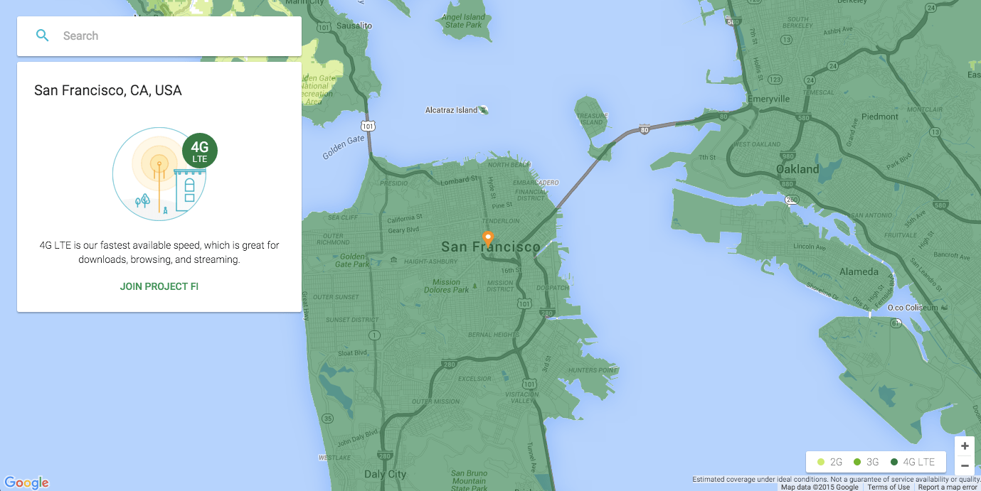 Google Project Fi coverage in the San Francisco area with a primary Fi SIM card.