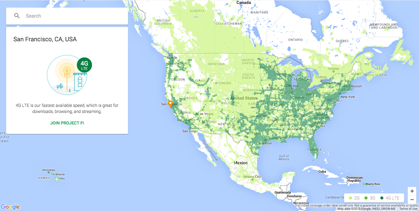 Google Project Fi coverage in North America with a regular Fi SIM card.