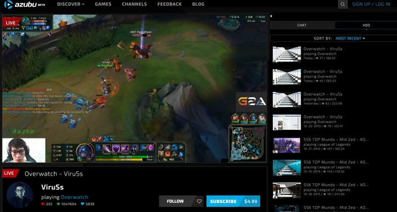 Azubu's user interface for viewing esports.