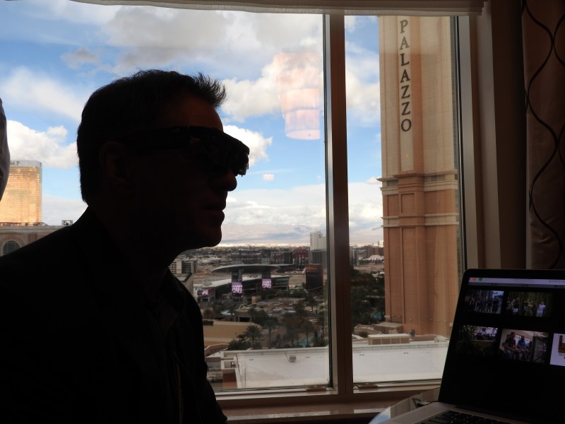 Jim Margraff, CEO of Eyefluence, wears an Oculus Rift headset.