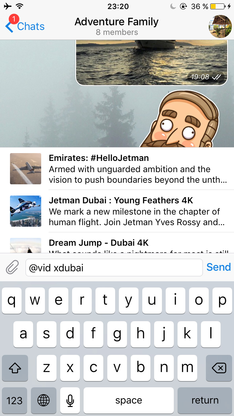 Telegram's inline bot for YouTube videos.