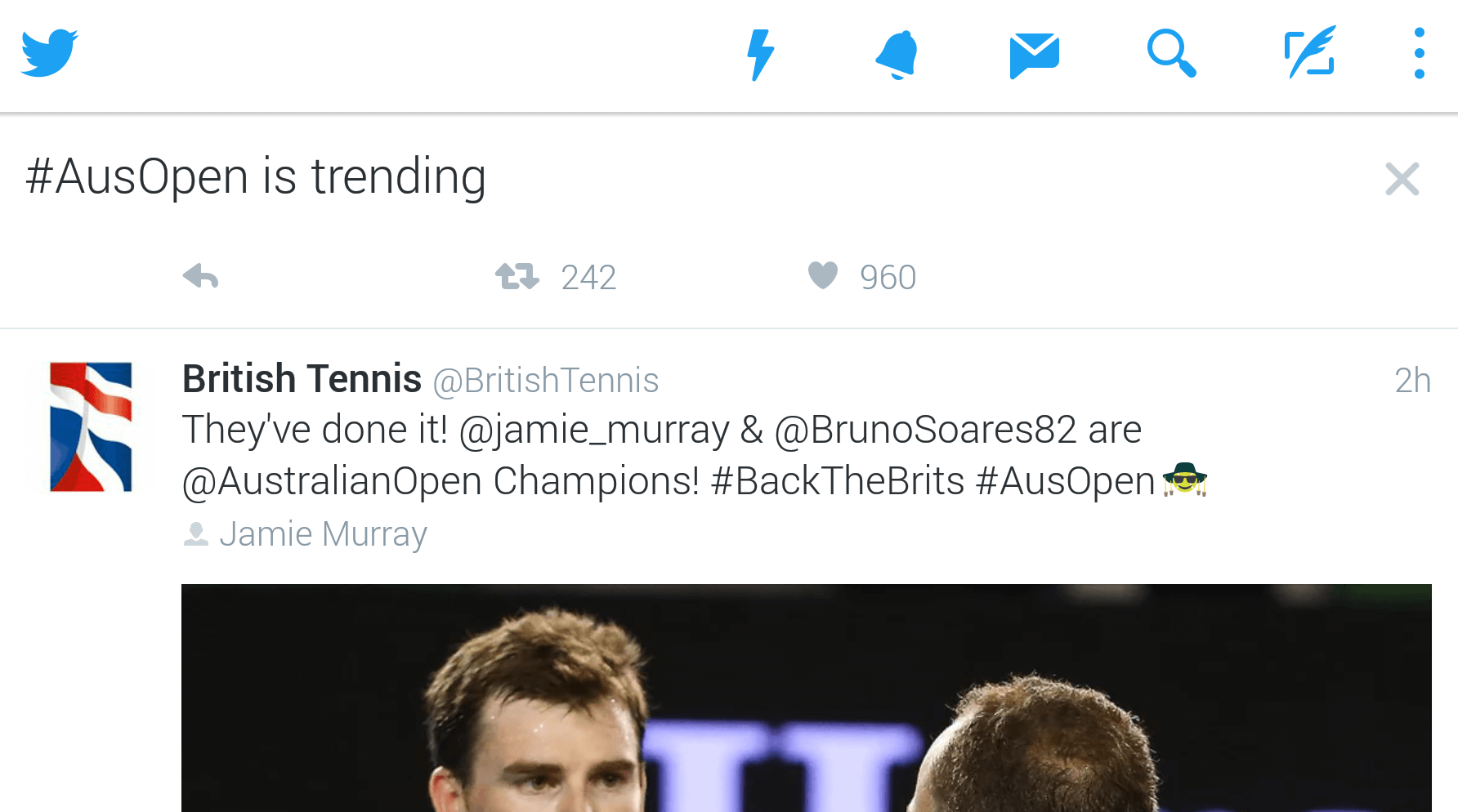 Tweet 2/5 in the "#AusOpen is trending" box in my timeline.