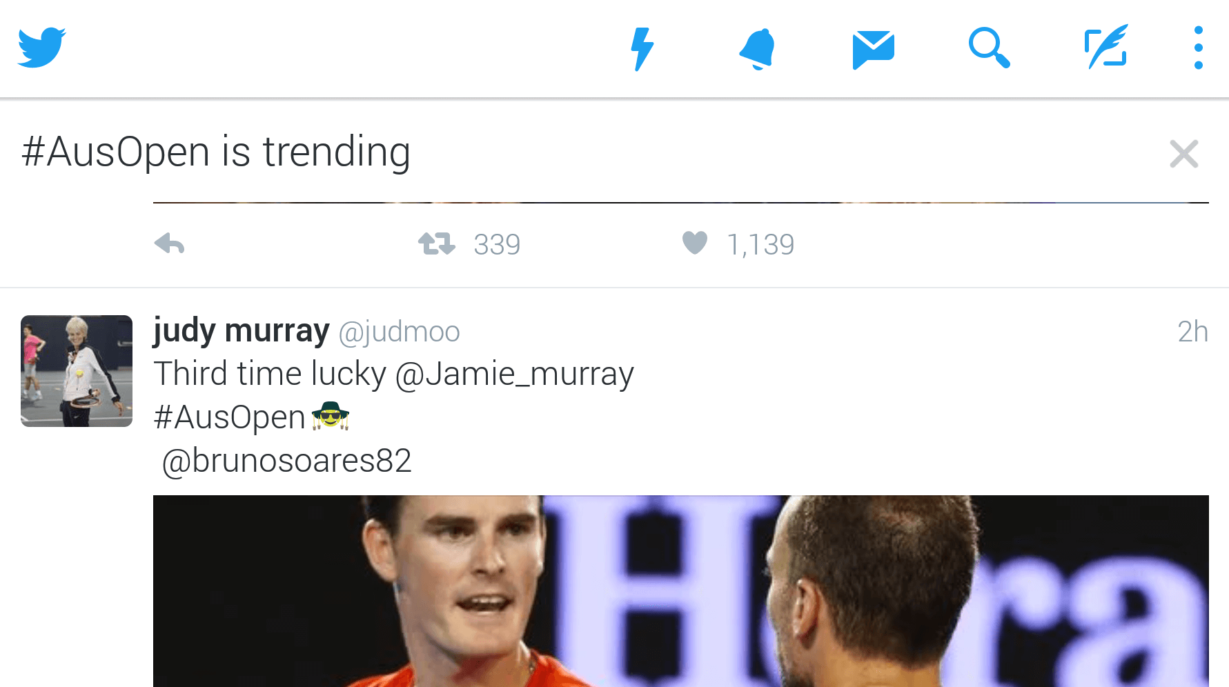 Tweet 4/5 in the "#AusOpen is trending" box in my timeline.