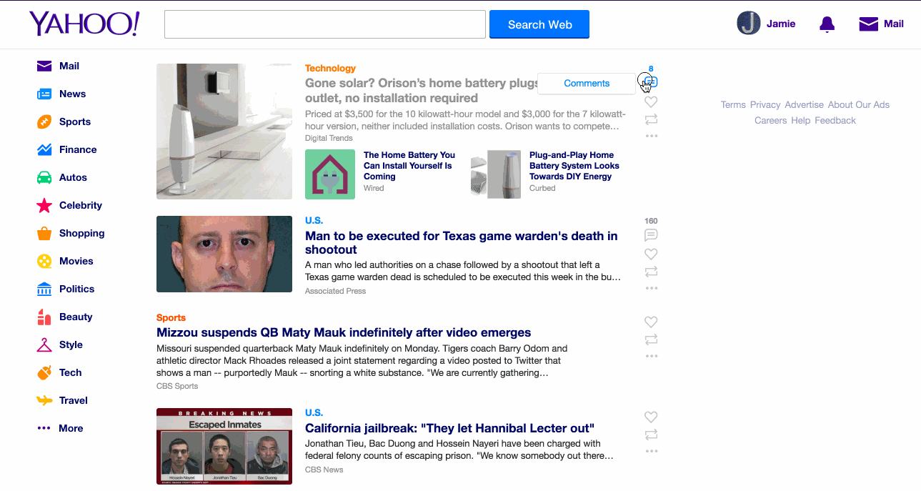 Yahoo homepage comments