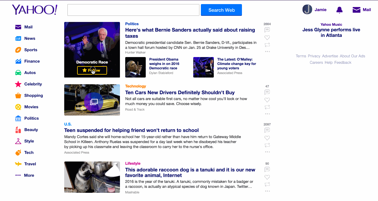 Yahoo homepage follow developing stories